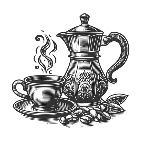 Coffee pot and steaming coffee cup, perfect for cafe design, menus, posters, or branding sketch engraving vector illustration. Scratch board imitation. Black and white image.のイラスト素材