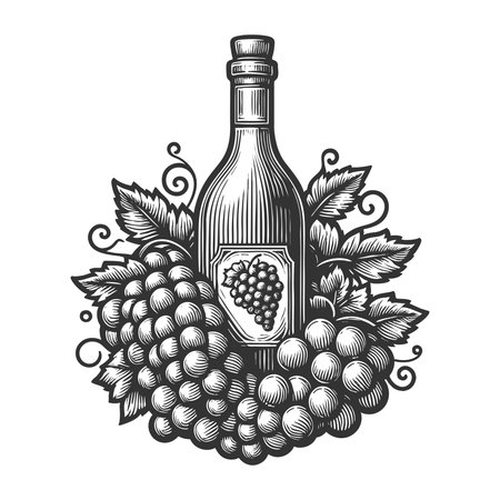 wine bottle surrounded by grape clusters and vine leaves, symbolizing winemaking, vineyards, and tradition sketch engraving vector illustration. Scratch board. Black and white image.のイラスト素材