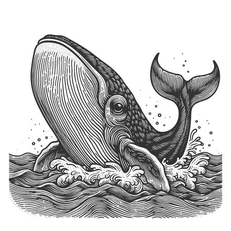 whale breaching the sea, surrounded by splashing waves and flying seabirds in retro style sketch engraving vector illustration. Scratch board imitation. Black and white image.のイラスト素材