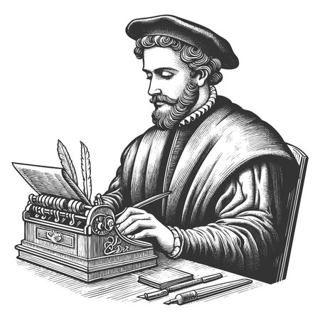 Renssance scribe seated at a desk, writing with quill on parchment, symbolizing knowledge, history, and scholarship sketch engraving raster illustration. Scratch board. Black and whiteの写真素材