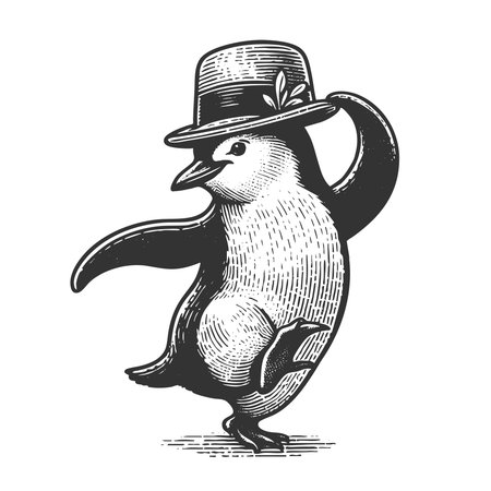 joyful penguin dancing with a fancy hat, full of charm and whimsical energy sketch engraving fictional character vector illustration. Scratch board imitation. Black and white image.のイラスト素材