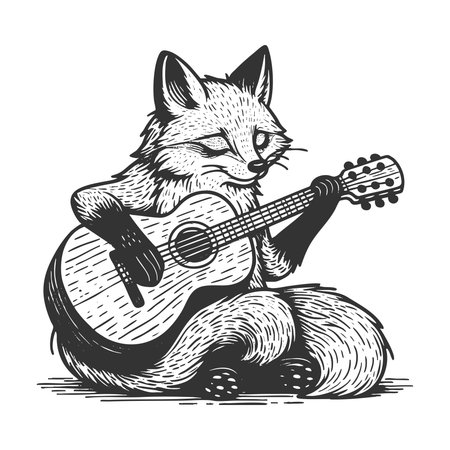 relaxed fox playing an acoustic guitar, blending animal charm with musical creativity sketch engraving fictional character vector illustration. Scratch board imitation. Black and white.のイラスト素材