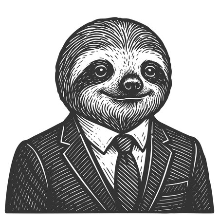 smiling sloth wearing a formal suit and tie, combining humor and elegance sketch engraving fictional character vector illustration. Scratch board imitation. Black and white image.のイラスト素材