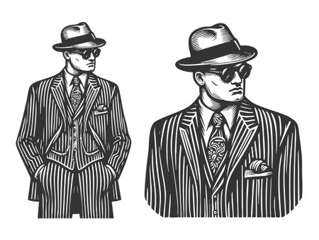 classic gangster figure wearing a pinstripe suit, fedora hat, sunglasses, and patterned tie sketch engraving generative ai fictional character vector illustration. Scratch board. Black and white imageの素材