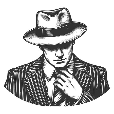 gangster in a pinstripe suit and fedora, adjusting his tie with a serious expression sketch engraving generative ai fictional character vector illustration. Scratch board imitation. Black and white.の素材