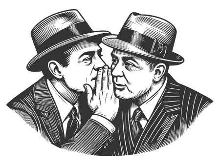 gangsters in suits and hats, secretly whispering to each other sketch engraving generative ai fictional character vector illustration. Scratch board imitation. Black and white image.の素材