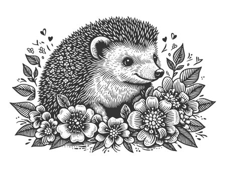smiling hedgehog nestled among blooming flowers and leaves in a whimsical style sketch engraving vector illustration. Scratch board imitation. Black and white image.のイラスト素材