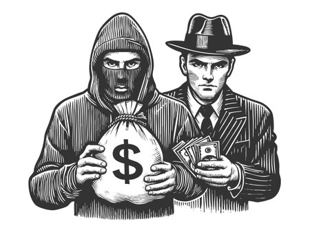 masked thief with a money bag and a suited gangster counting cash, symbolizing crime and robbery sketch engraving generative ai fictional character vector illustration. Scratch board. Black and white.の素材