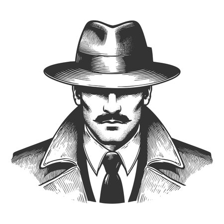 shadowy man with a mustache, trench coat, and fedora, evoking noir detective themes sketch engraving fictional character raster illustration. Scratch board imitation. Black and white.の写真素材