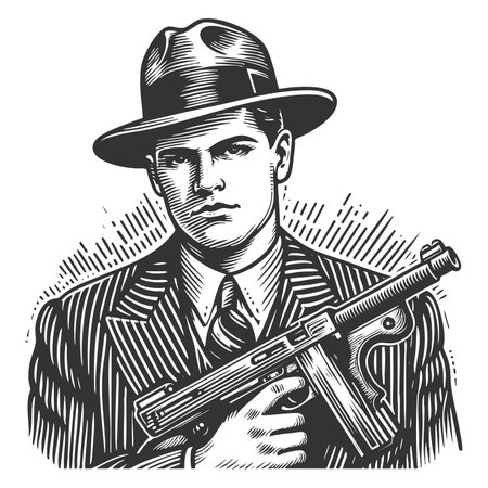 gangster in a pinstripe suit holding a Tommy gun and wearing a fedora sketch engraving fictional character raster illustration. Scratch board imitation. Black and white image.の写真素材