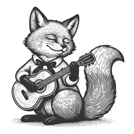 relaxed fox playing an acoustic guitar, blending animal charm with musical creativity sketch engraving fictional character raster illustration. Scratch board imitation. Black and white.の写真素材
