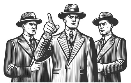 stern mob boss in pinstripe suit giving orders, flanked by two serious bodyguards in fedora hats...