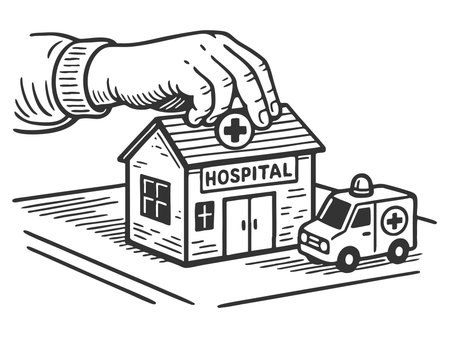 hand placing a miniature hospital model with an ambulance sketch engraving generative ai raster illustration. Scratch board imitation. Black and white image.の素材