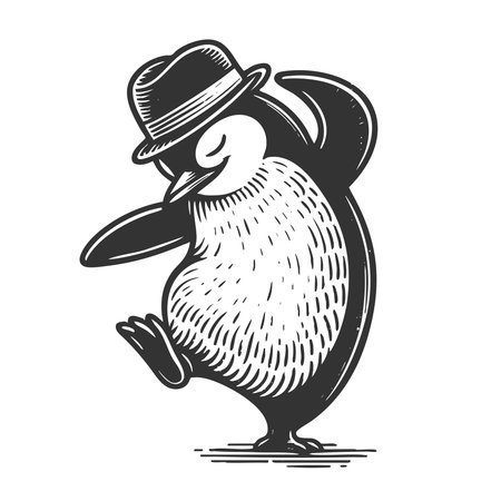 joyful penguin dancing with a fancy hat, full of charm and whimsical energy sketch engraving fictional character vector illustration. Scratch board imitation. Black and white image.のイラスト素材