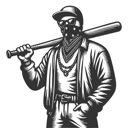 street gangster in casual clothes and sunglasses holding a baseball bat with attitude sketch engraving fictional character vector illustration. Scratch board imitation. Black and white.のイラスト素材