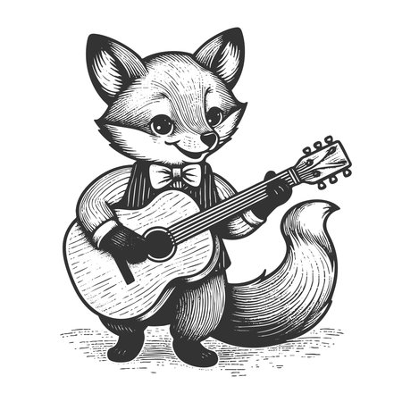 relaxed fox playing an acoustic guitar, blending animal charm with musical creativity sketch engraving fictional character vector illustration. Scratch board imitation. Black and white.のイラスト素材