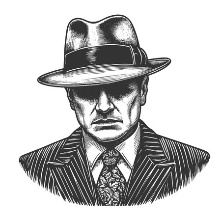 shadowed man in a fedora and pinstripe suit, evoking mystery, noir style, and classic detective themes sketch engraving generative ai vector illustration. Scratch board. Black and white image.の素材