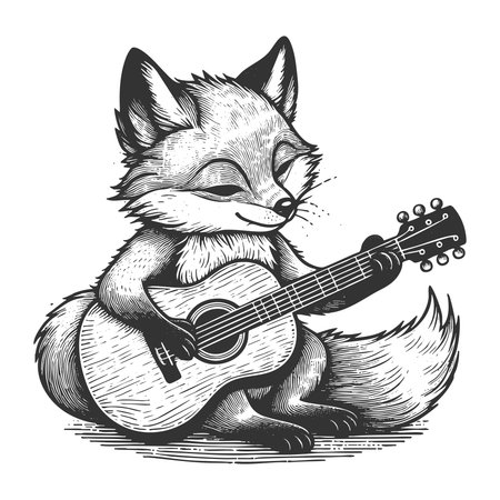 relaxed fox playing an acoustic guitar, blending animal charm with musical creativity sketch engraving fictional character vector illustration. Scratch board imitation. Black and white.のイラスト素材