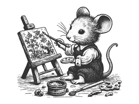 adorable mouse wearing clothes and pnting with a brush, surrounded by art supplies sketch engraving vector illustration. Scratch board imitation. Black and white image.のイラスト素材