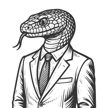 snake with a human body wearing a business suit sketch engraving generative ai raster illustration. Scratch board imitation. Black and white image.の素材