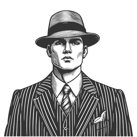 gangster wearing a pinstripe suit, fedora, and tie, evoking 1920s mafia style sketch engraving generative ai fictional character raster illustration. Scratch board imitation. Black and white image.の素材
