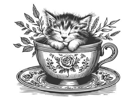 adorable kitten peacefully sleeping inside a floral teacup sketch engraving vector illustration. Scratch board imitation. Black and white image.のイラスト素材