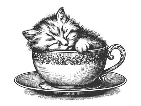 adorable kitten peacefully sleeping inside a floral teacup sketch engraving vector illustration. Scratch board imitation. Black and white image.のイラスト素材