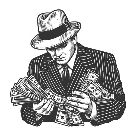 classic mobster in pinstripe suit and fedora counting stacks of money with a cigar in his mouth sketch engraving generative ai fictional character raster illustration. Scratch board. Black and white.の素材