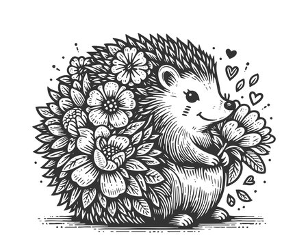 smiling hedgehog nestled among blooming flowers and leaves in a whimsical style sketch engraving generative ai raster illustration. Scratch board imitation. Black and white image.の素材