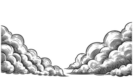 clouds forming a frame sketch engraving generative ai raster illustration. Scratch board imitation. Black and white image.の素材