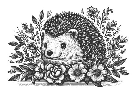 smiling hedgehog nestled among blooming flowers and leaves in a whimsical style sketch engraving vector illustration. Scratch board imitation. Black and white image.のイラスト素材