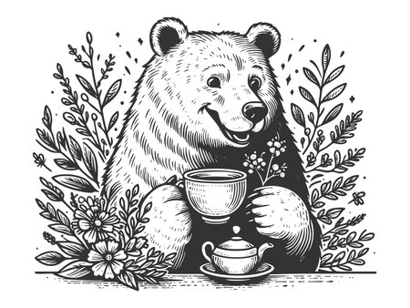 smiling bear enjoying tea, surrounded by floral elements in a whimsical setting sketch engraving generative ai fictional character raster illustration. Scratch board imitation. Black and white image.の素材