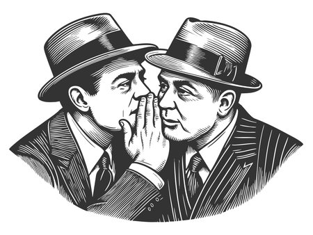 gangsters in suits and hats, secretly whispering to each other sketch engraving generative ai fictional character raster illustration. Scratch board imitation. Black and white image.の素材