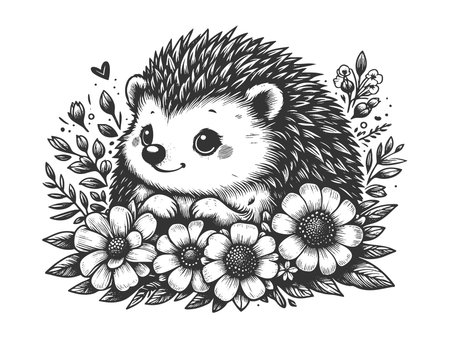 smiling hedgehog nestled among blooming flowers and leaves in a whimsical style sketch engraving raster illustration. Scratch board imitation. Black and white image.の写真素材
