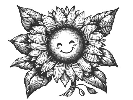 cheerful sunflower with a happy smiling face sketch engraving generative ai raster illustration. Scratch board imitation. Black and white image.の素材