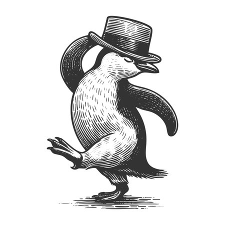 Dancing Penguin sketch engraving generative ai fictional character vector illustration. Scratch board imitation. Black and white image.の素材