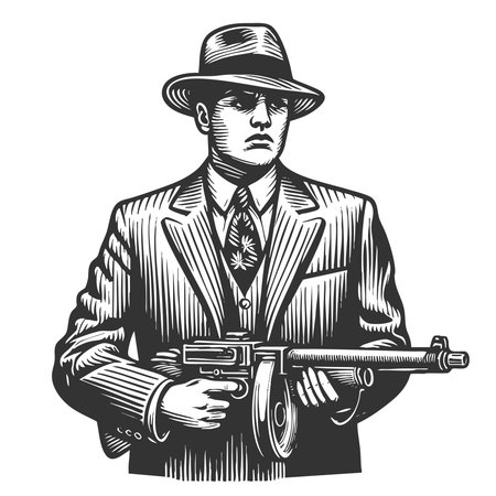 gangster in a pinstripe suit holding a Tommy gun and wearing a fedora sketch engraving generative ai fictional character vector illustration. Scratch board imitation. Black and white image.の素材