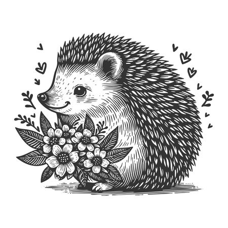 smiling hedgehog nestled among blooming flowers and leaves in a whimsical style sketch engraving generative ai vector illustration. Scratch board imitation. Black and white image.の素材