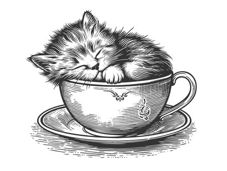 Cat peacefully sleeping inside a floral teacup sketch engraving vector illustration. Scratch board imitation. Black and white image.のイラスト素材