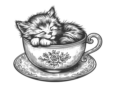 Cat peacefully sleeping inside a floral teacup sketch engraving vector illustration. Scratch board imitation. Black and white image.のイラスト素材