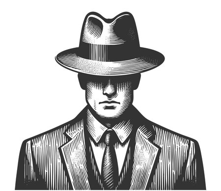 man wearing wide-brimmed fedora and trench coat, his eyes hidden to create mysterious and noir-inspired atmosphere sketch engraving fictional character raster illustration. Scratch boardの写真素材