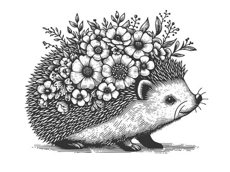 smiling hedgehog nestled among blooming flowers and leaves in a whimsical style sketch engraving raster illustration. Scratch board imitation. Black and white image.の写真素材