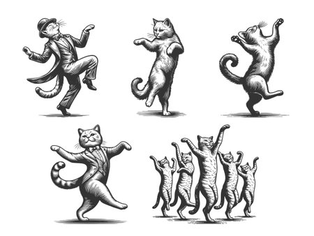 cats joyfully dancing set collection sketch engraving fictional character vector illustration. Scratch board imitation. Black and white image.のイラスト素材