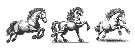 horses in dynamic poses, showcasing strength, motion, and classical artistic elegance set collection sketch engraving vector illustration. Scratch board. Black and white image.のイラスト素材