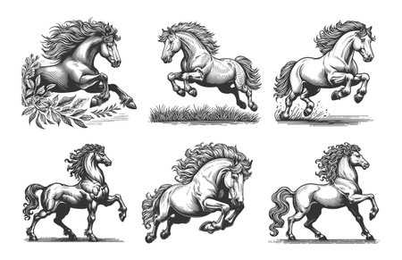 horses in dynamic poses, showcasing strength, motion, and classical artistic elegance set collection sketch engraving vector illustration. Scratch board. Black and white image.のイラスト素材