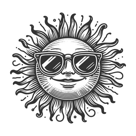 cheerful sun with a human face, wearing sunglasses and radiating playful summer vibes sketch engraving vector illustration. Scratch board imitation. Black and white image.のイラスト素材