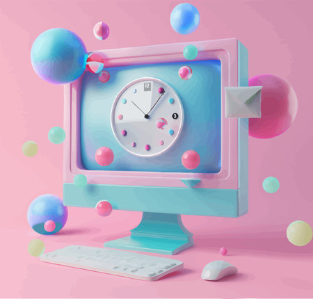 3D retro-style pastel computer with a built-in analog clock, playful shapes, and soft colorful elements. Generative ai vector colorful illustration.の素材