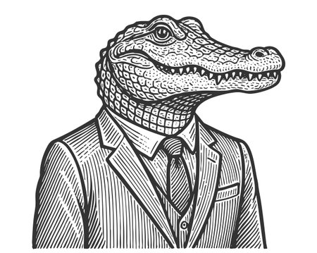 alligator wearing a formal suit and tie, blending surrealism with classic portrt art sketch engraving fictional character vector illustration. Scratch board. Black and white image.のイラスト素材