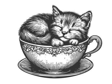 Cat peacefully sleeping inside a floral teacup sketch engraving vector illustration. Scratch board imitation. Black and white image.のイラスト素材