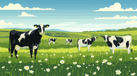 cows standing and grazing in a flower-filled pasture with rolling hills and blue sky . Generative ai vector colorful illustration.の素材